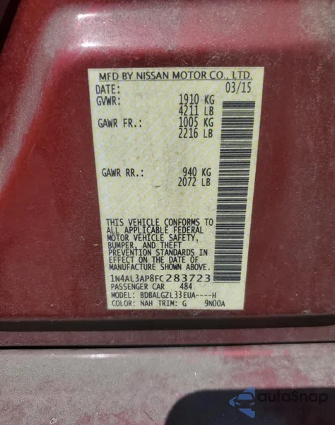 2015 Nissan Altima 2.5 from USA, damaged, VIN 1N4AL3AP8FC283723